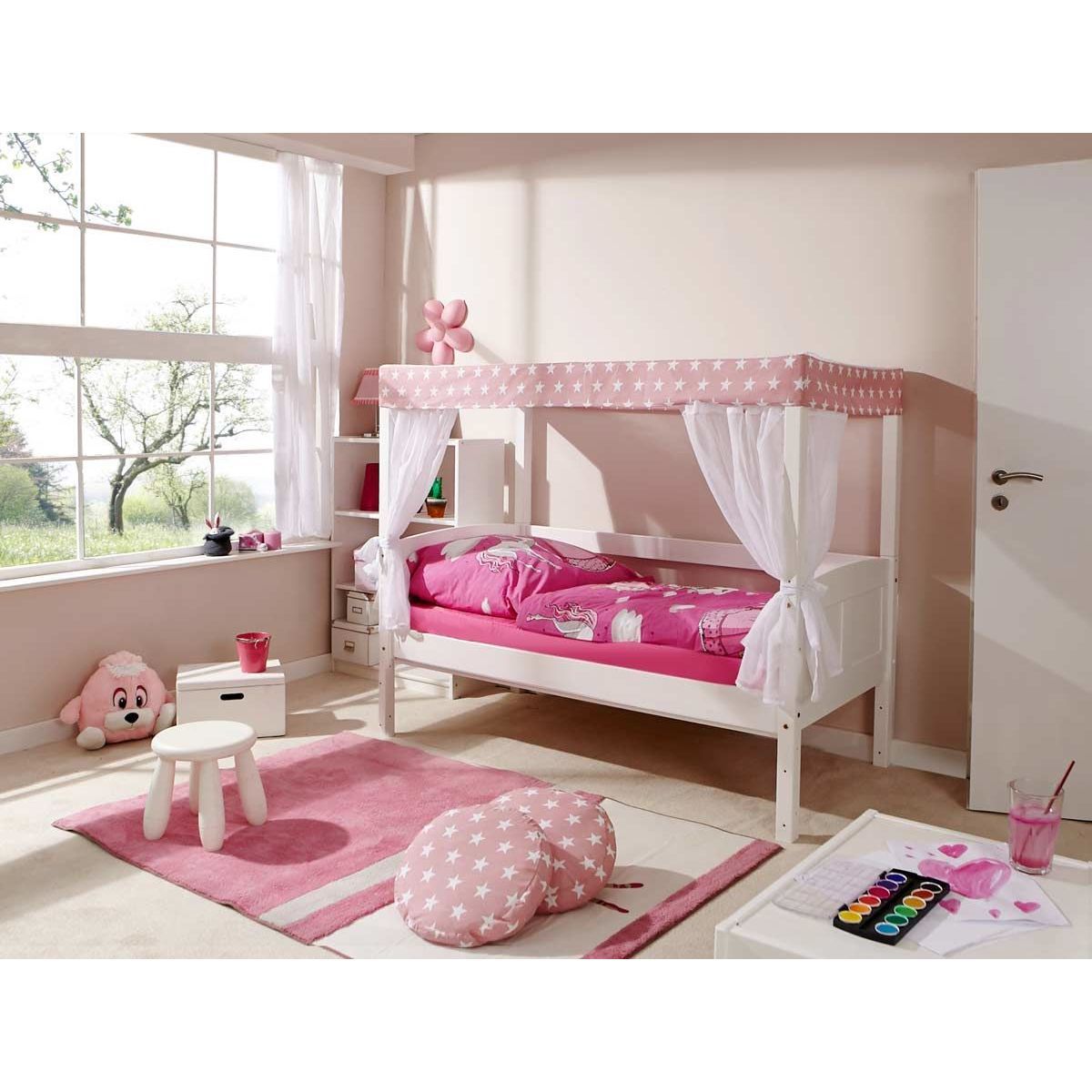 Ticaa Himmelbett MINI Stern Rosa Kiefer Weiß Massivholz - 80 x 160 cm, inkl. Tüll-Textilien