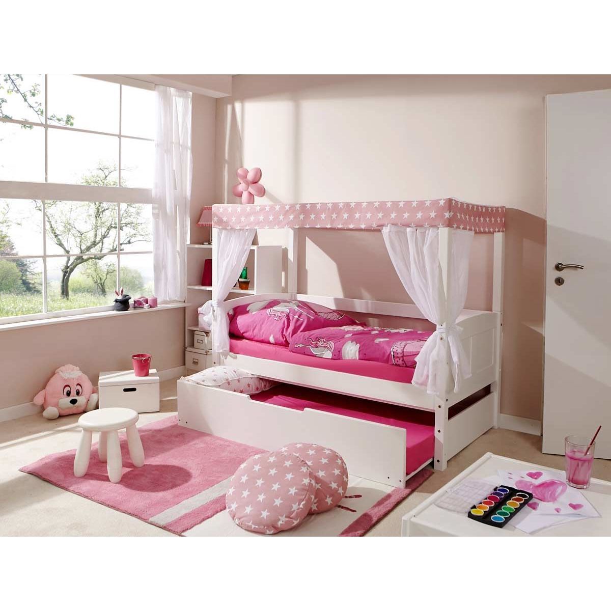 Ticaa Himmelbett MINI Stern Rosa Kiefer Weiß inkl. Bettkasten & Tüll-Textilien - 80 x 160 cm