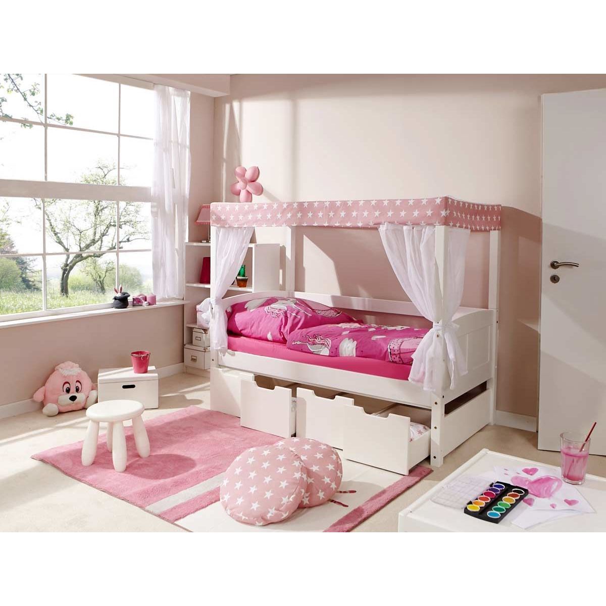 Ticaa Himmelbett MINI Stern Rosa Kiefer Weiß inkl. 4 Schubkästen & Tüll-Textilien - 80 x 160 cm