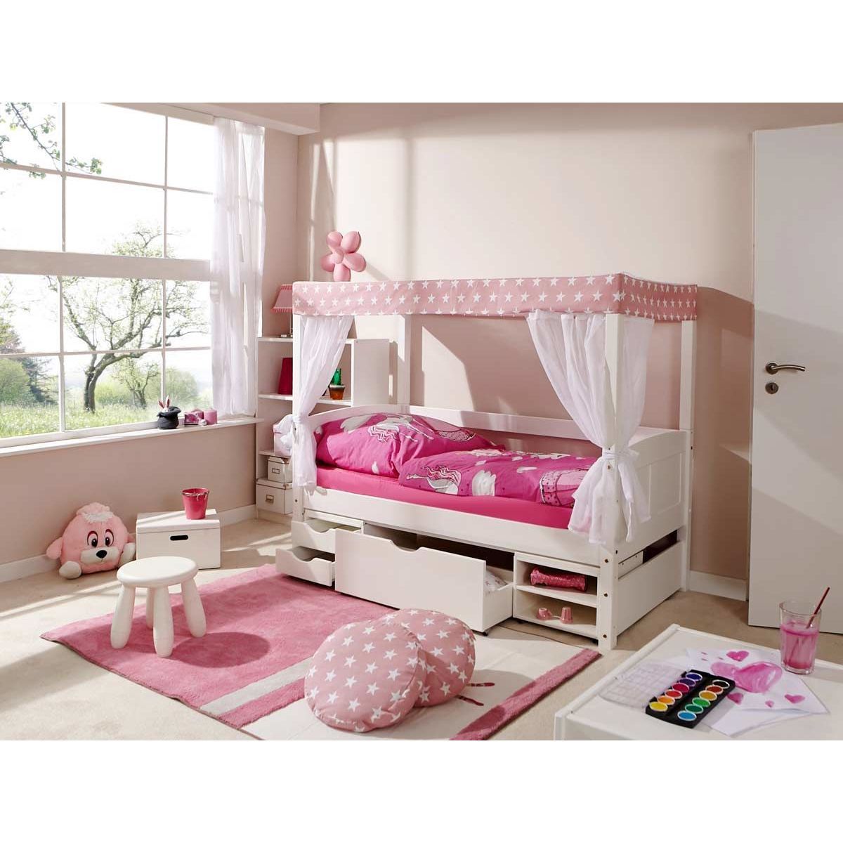 Ticaa Himmelbett MINI Stern Rosa Kiefer Weiß inkl. Regalelement & Tüll-Textilien - 80 x 160 cm