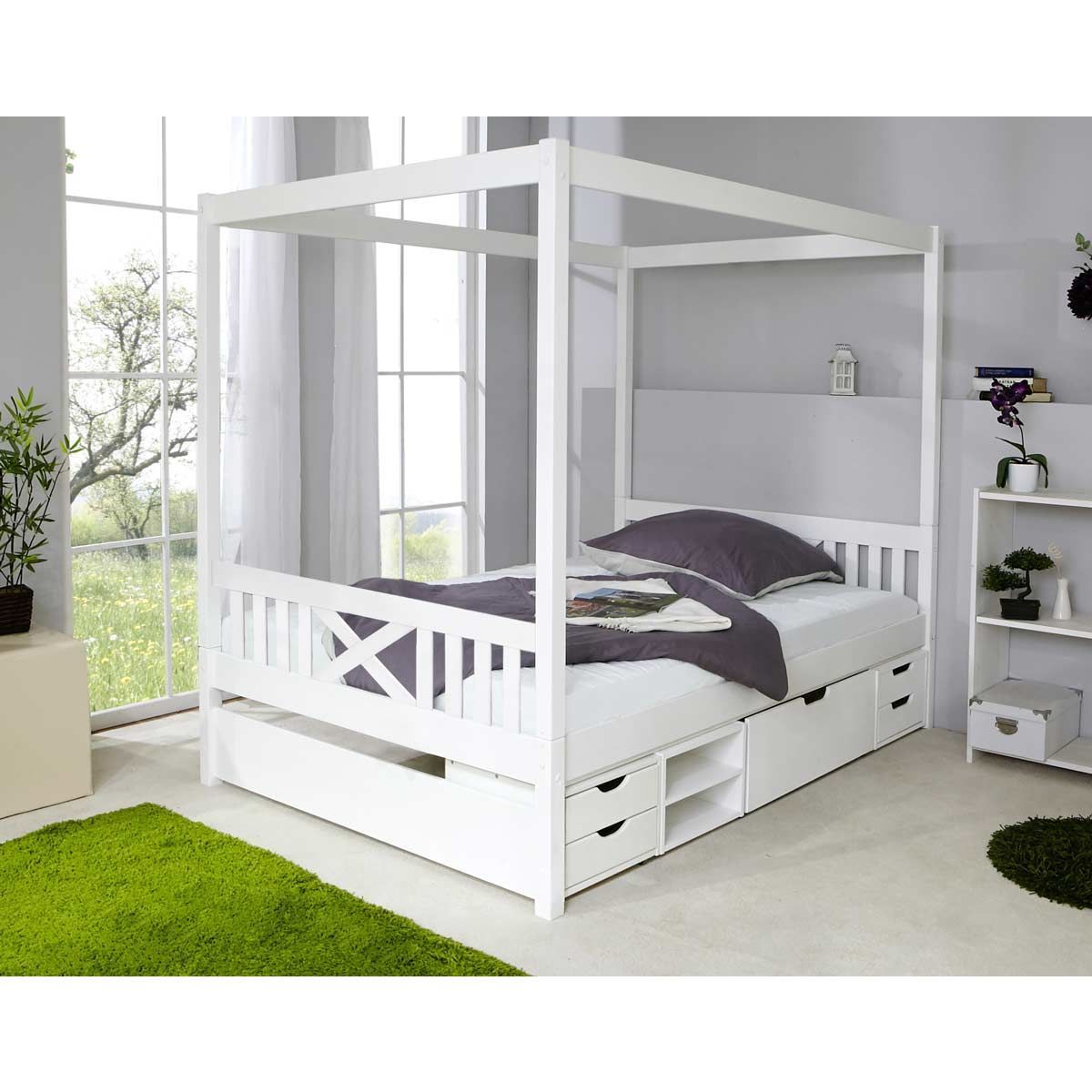 Ticaa Himmelbett Lino Kiefer Weiß - Regalelement Massivholz - 140 x 200 cm