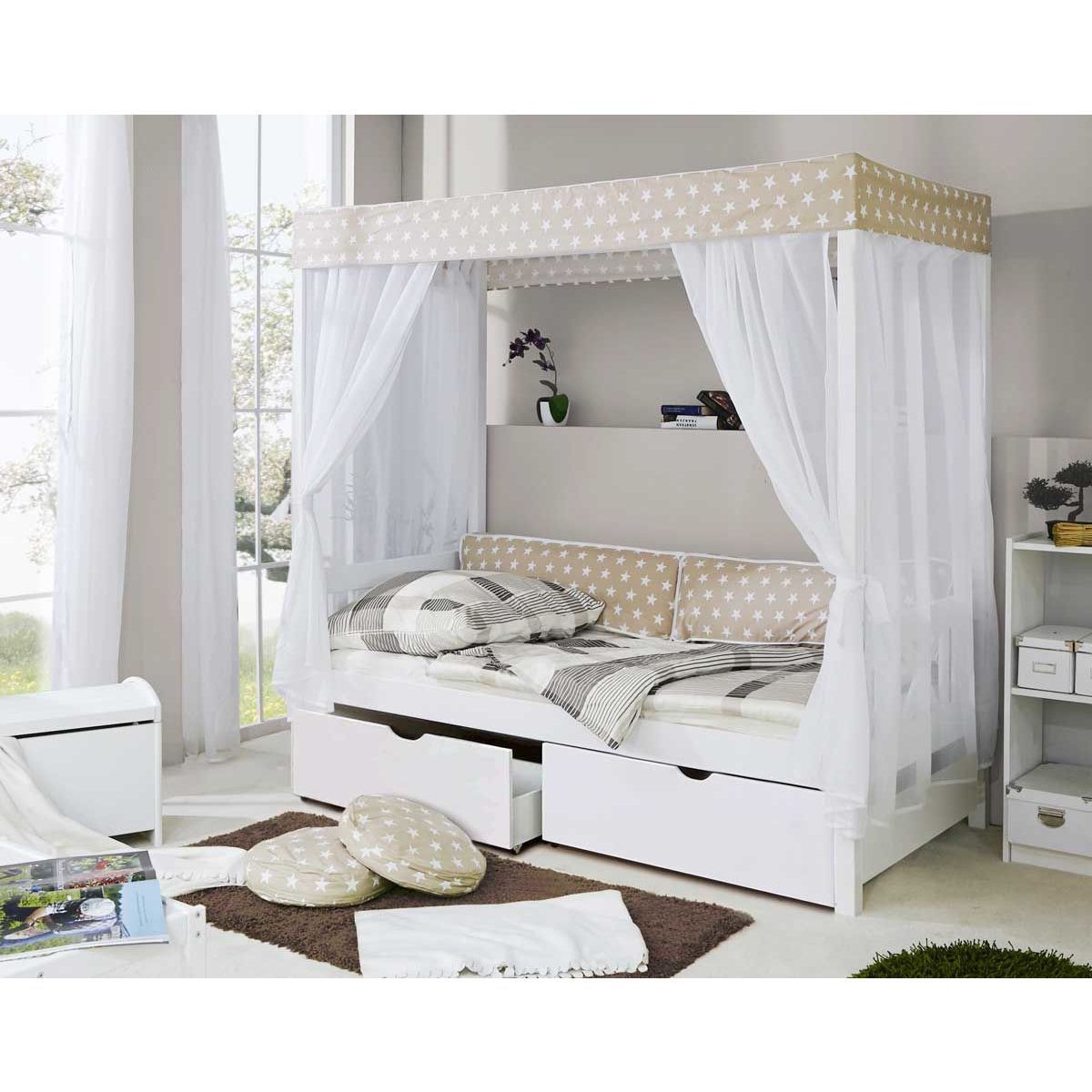 Ticaa Himmelbett Stern Beige Kiefer Weiß inkl. 2 Schubkästen & Tüll-Textilien - 90 x 200 cm