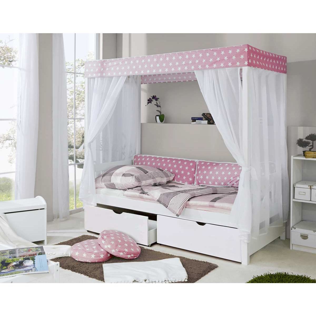 Ticaa Himmelbett Stern Rosa Kiefer Weiß inkl. 2 Schubkästen & Tüll-Textilien - 90 x 200 cm