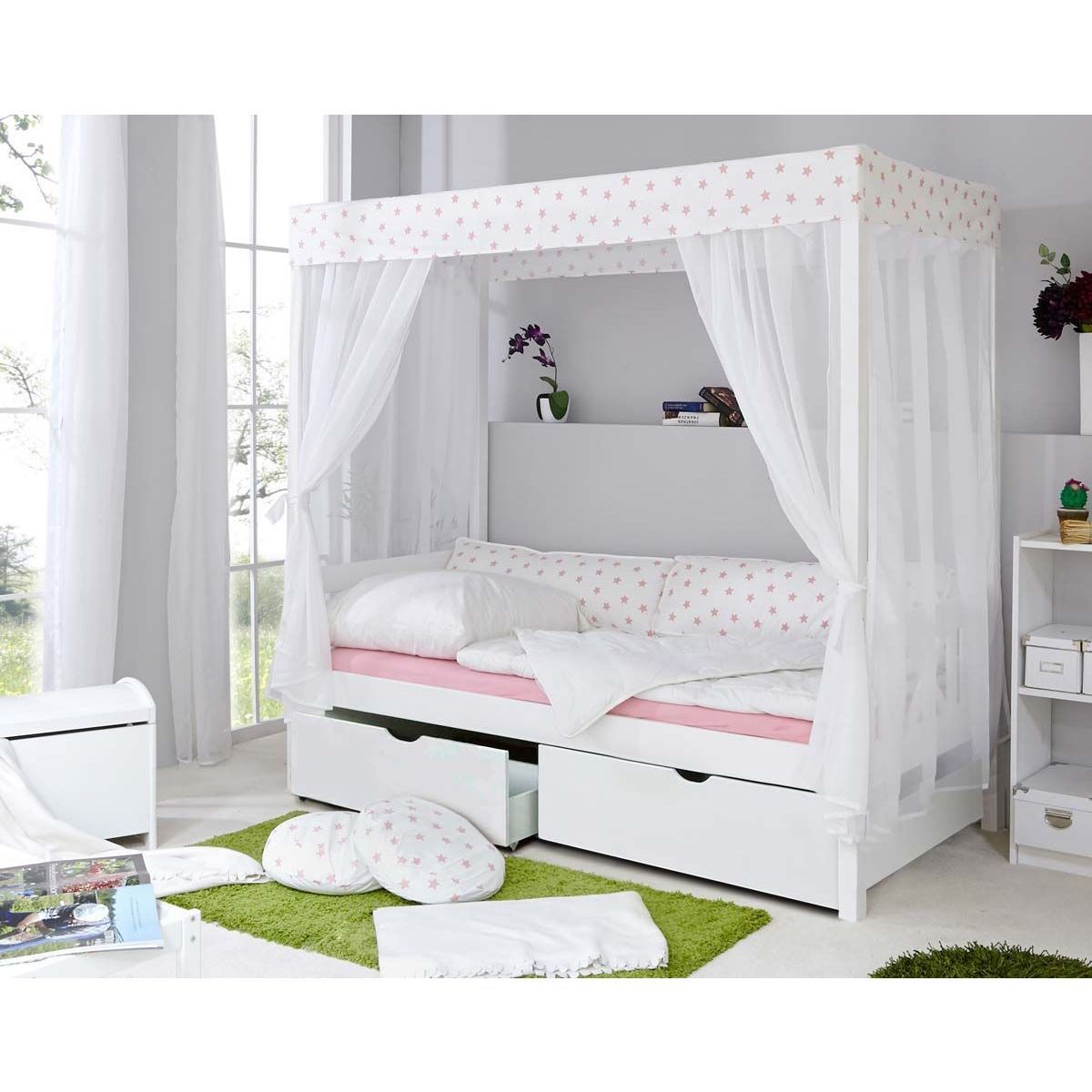Ticaa Himmelbett Stern Weiß-Rosa Kiefer Weiß inkl. 2 Schubkästen & Tüll-Textilien - 90 x 200 cm