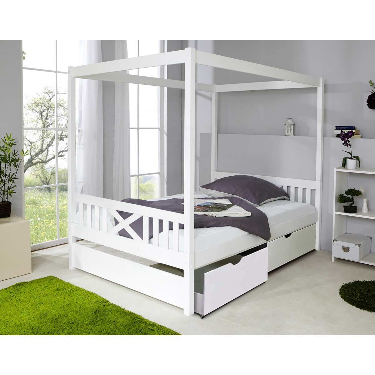 Ticaa Himmelbett Lino Kiefer Weiß - 2 Schubkästen Massivholz - 140 x 200 cm