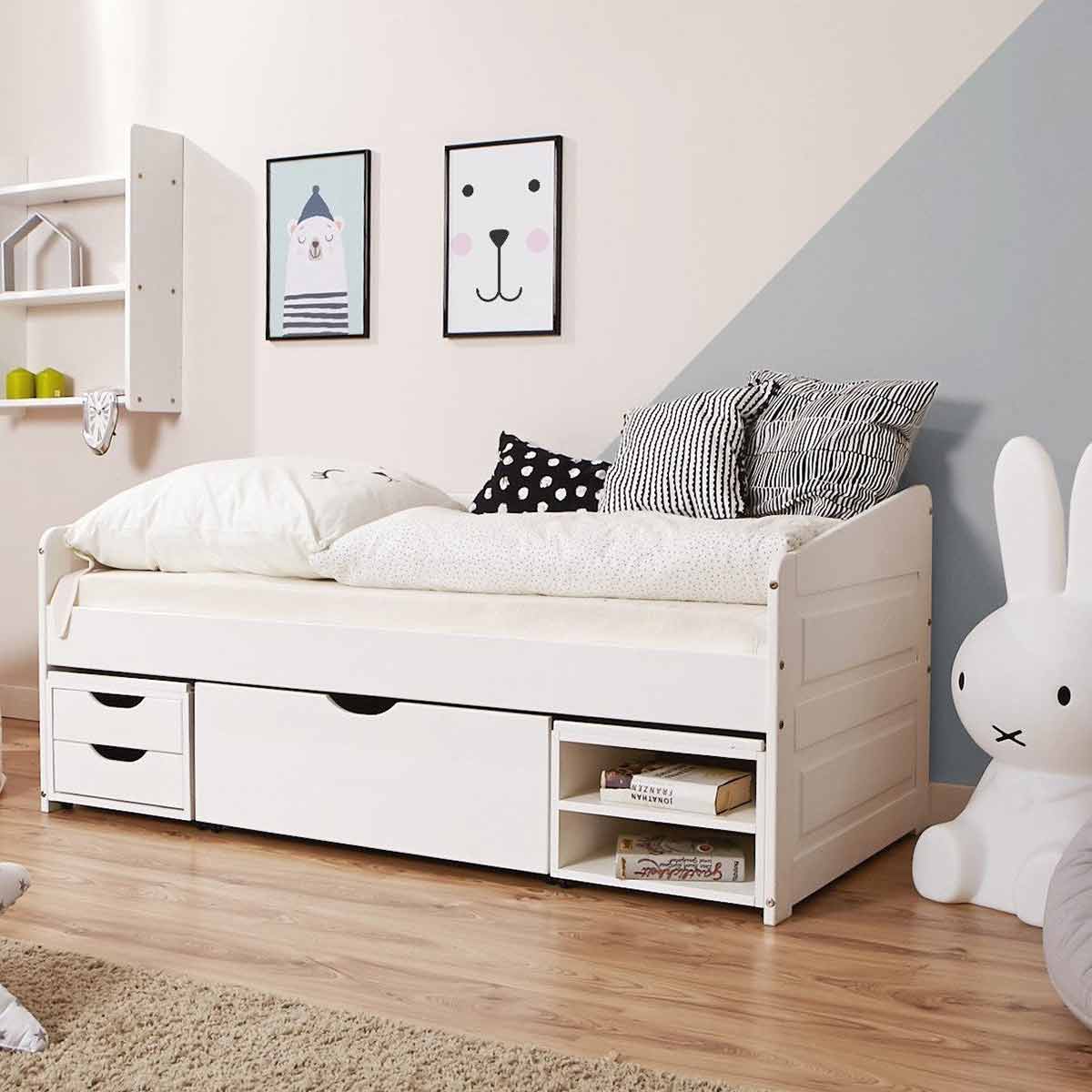 Ticaa Sofabett MINI Micki 3er Funktionsschubkasten Massivholz - 80x160 cm - inkl. Matratze