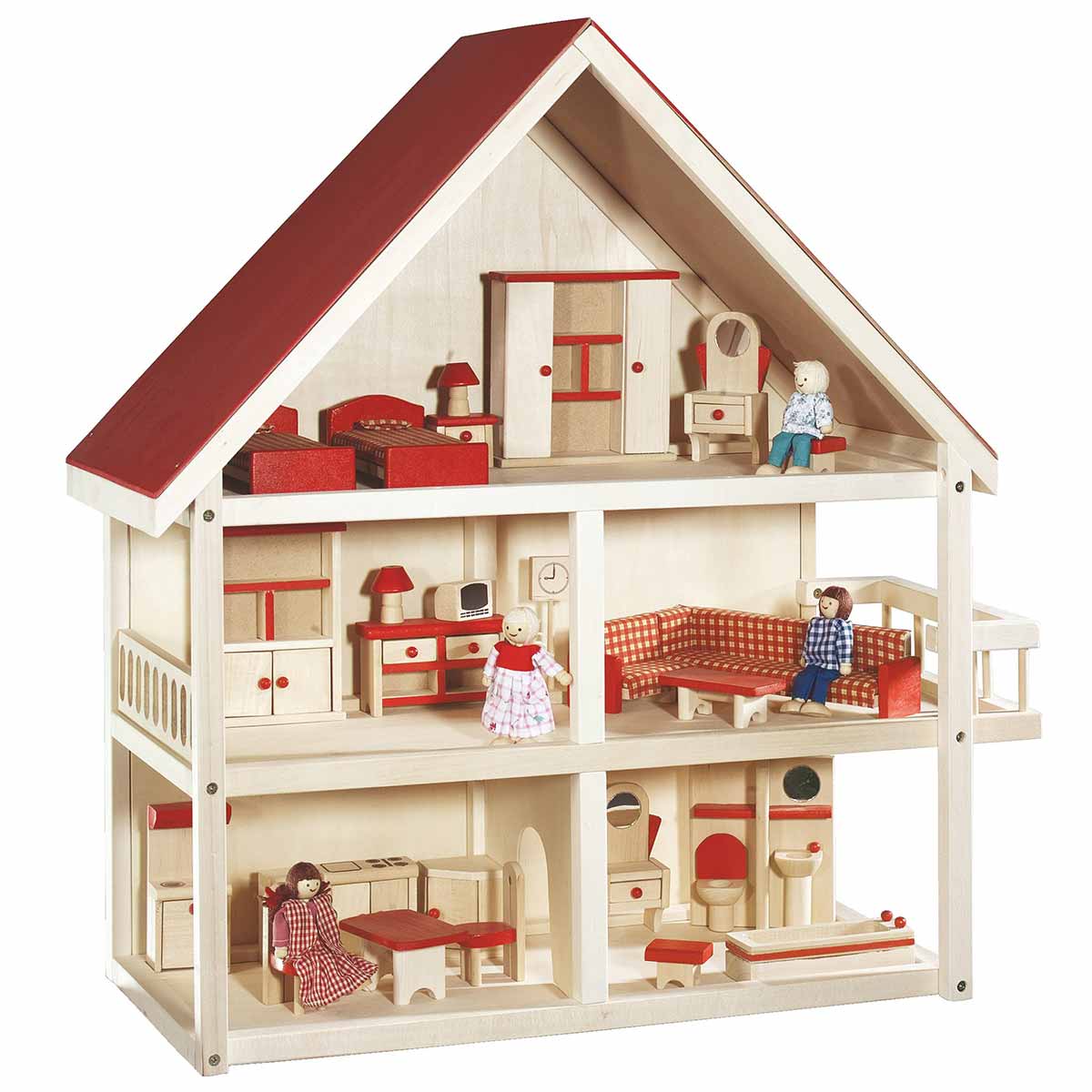 Roba Puppenhaus natur/rot inkl. Möbel und Puppen zum Toppreis
