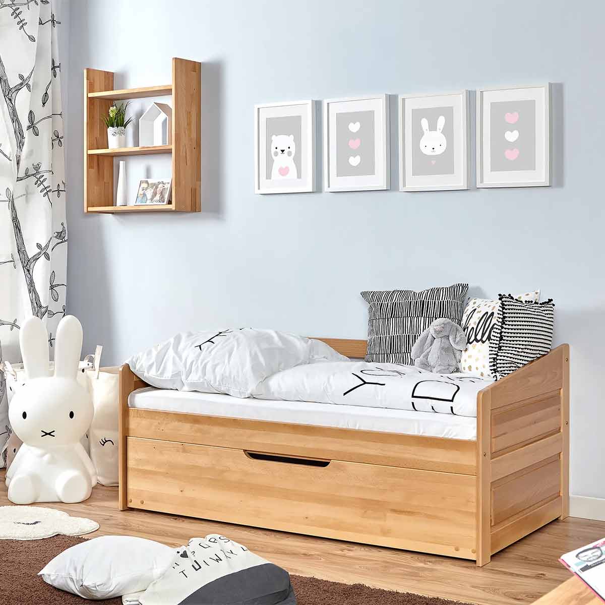 Ticaa Sofabett MINI Micki Buche mit Zusatzbett Massivholz - 80x160 cm - inkl. 2 Matratzen