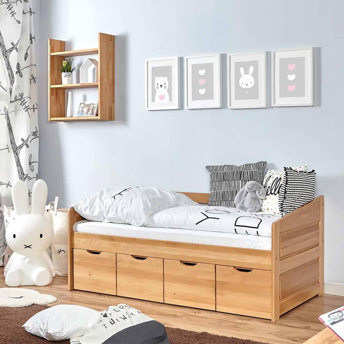 Ticaa Sofabett MINI Micki Buche 4er Schubkästen Massivholz - 80x160 cm - inkl. Matratze