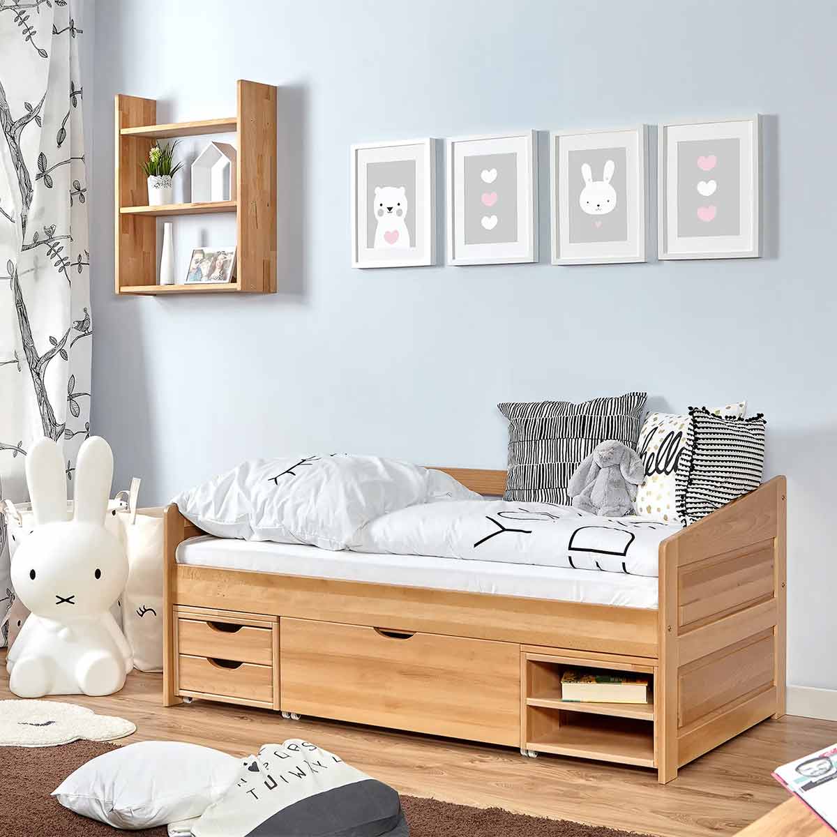 Ticaa Sofabett MINI Micki 3er Funktionsschubkasten Buche Massivholz - 80x160 cm - inkl. Matratze