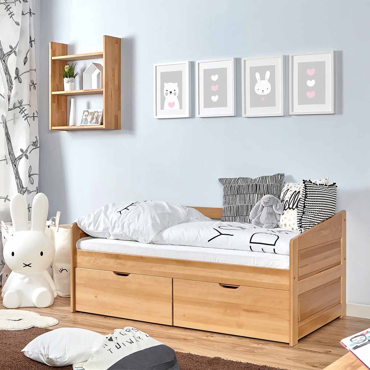 Ticaa Sofabett MINI Micki Buche 2er Schubkästen Massivholz - 80x160 cm - inkl. Matratze