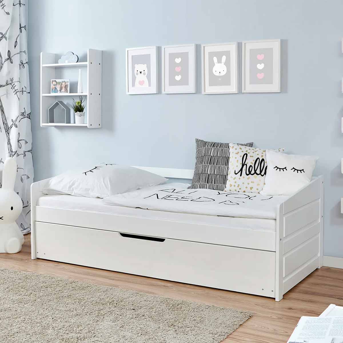 Ticaa Sofabett MINI Micki Buche mit Zusatzbett weiß Massivholz - 80x160 cm - inkl. 2 Matratzen