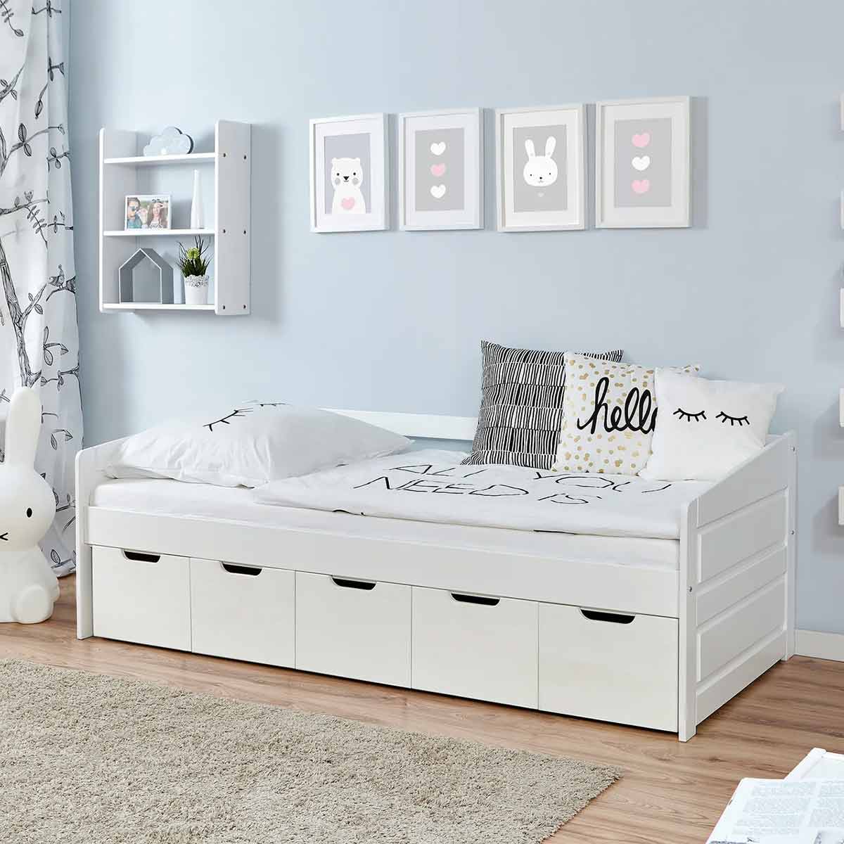Ticaa Sofabett MINI Micki Buche 4er Schubkästen weiß Massivholz - 80x160 cm - inkl. Matratze