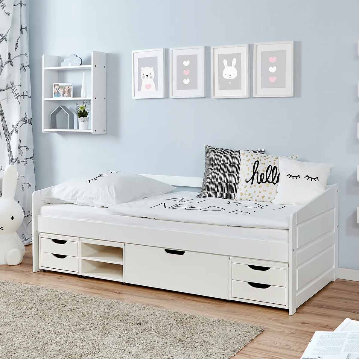 Ticaa Sofabett MINI Micki 3er Funktionsschubkasten Buche weiß Massivholz - 80x160 cm - inkl. Matratze