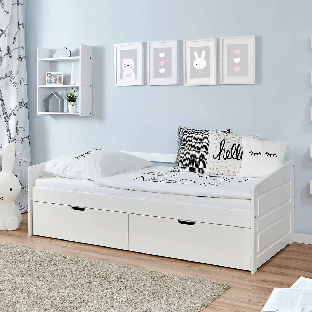 Ticaa Sofabett MINI Micki Buche 2er Schubkästen weiß Massivholz - 80x160 cm - inkl. Matratze