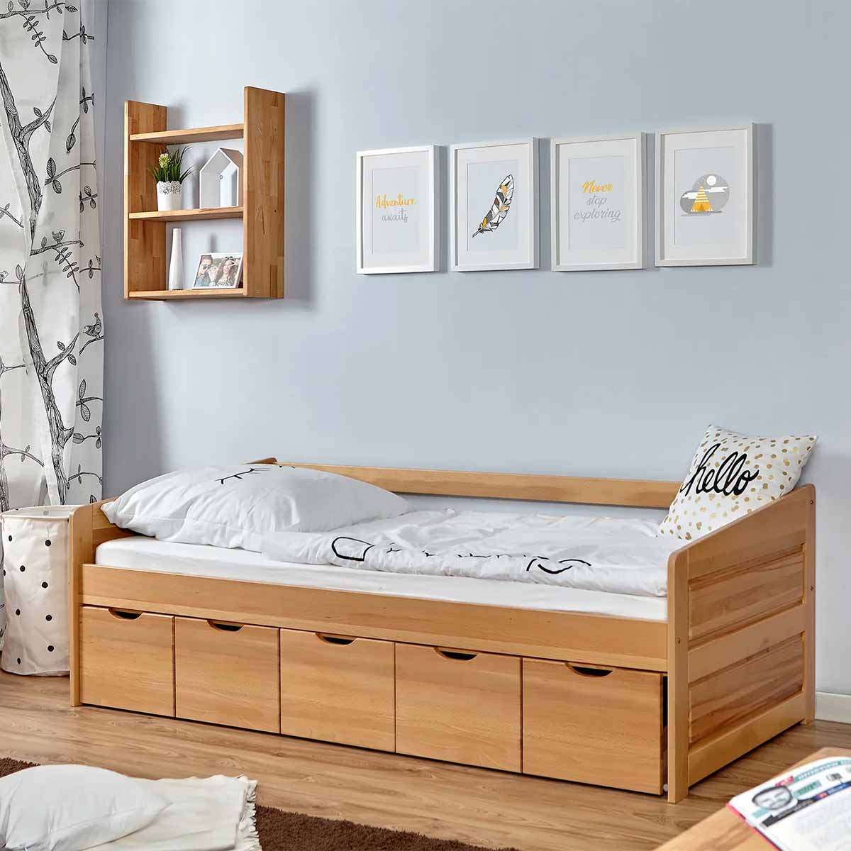Ticaa Sofabett Micki Buche mit 5er Schubkästen Massivholz - 90x200 cm