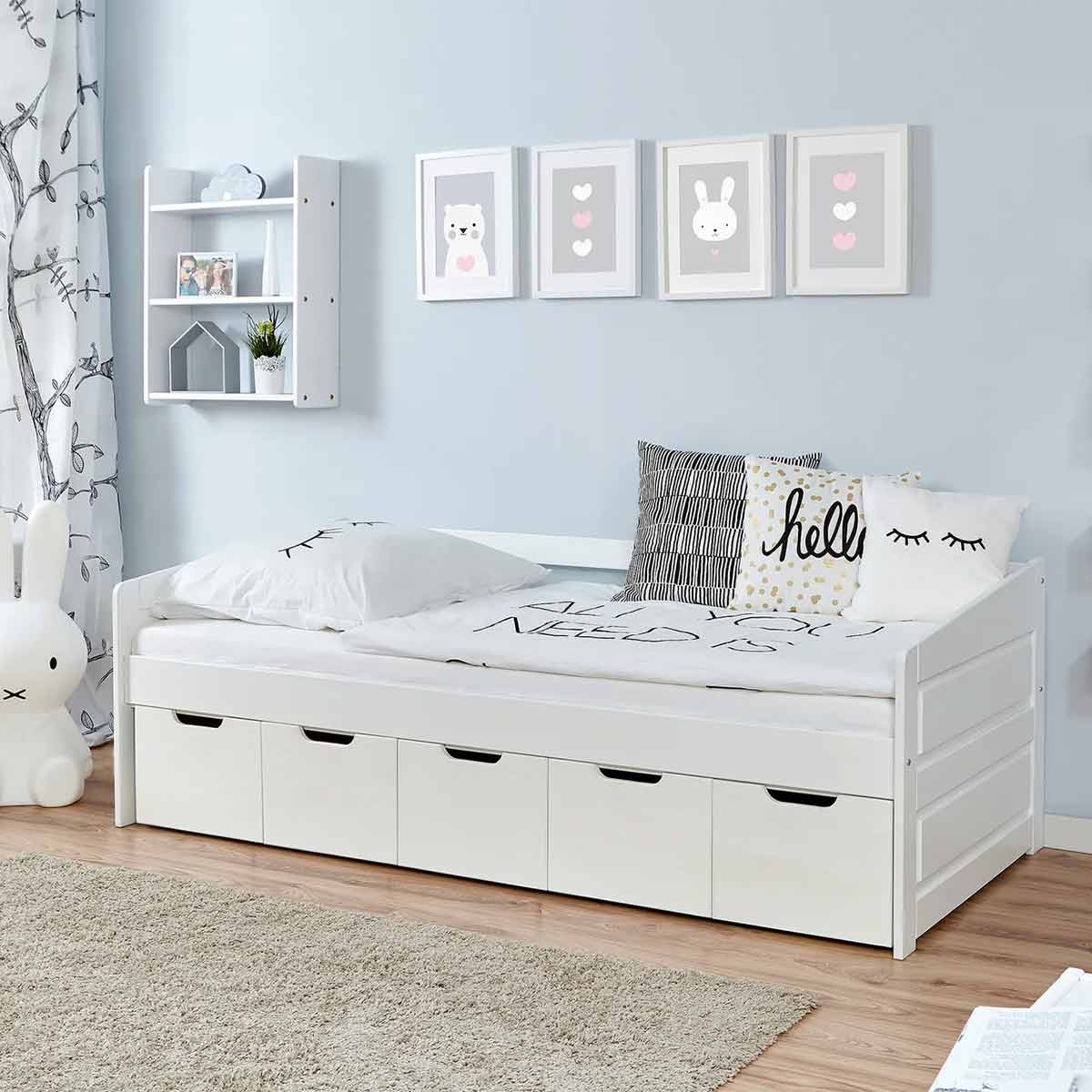 Ticaa Sofabett Micki Buche weiß 5er Schubkästen Massivholz - 90x200 cm