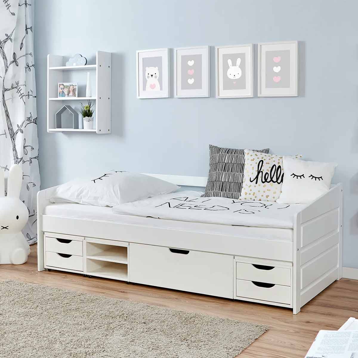 Ticaa Sofabett Micki mit 4er Funktionsschubkasten Buche weiß Massivholz - 90x200 cm