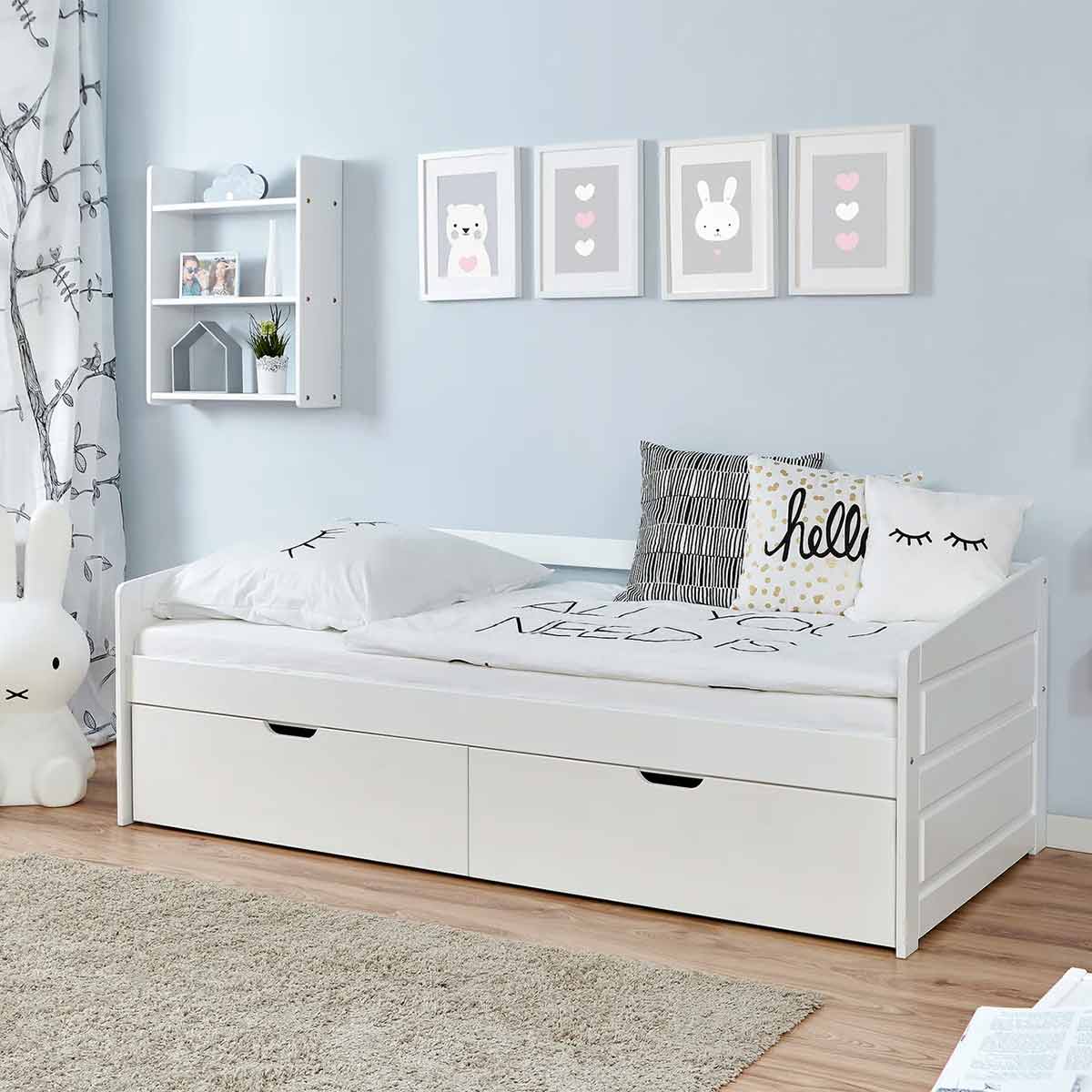 Ticaa Sofabett Micki Buche weiß 2er Schubkästen Massivholz - 90x200 cm