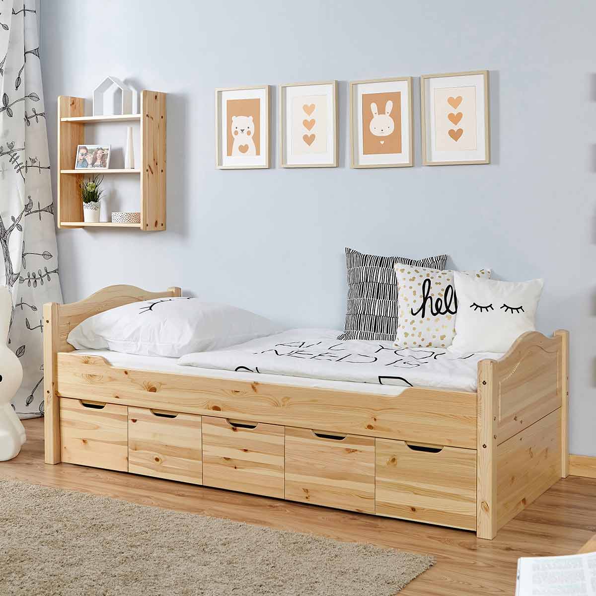 Ticaa Einzelbett Leni mit 5er Schubkästen Massivholz - 100x200 cm