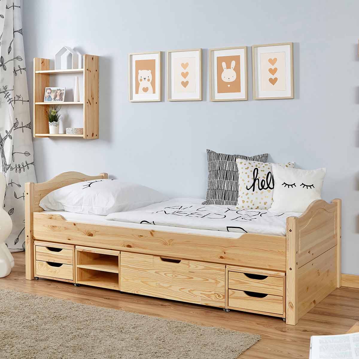 Ticaa Einzelbett Leni mit 4er Funktionsschubkasten Massivholz - 100x200 cm