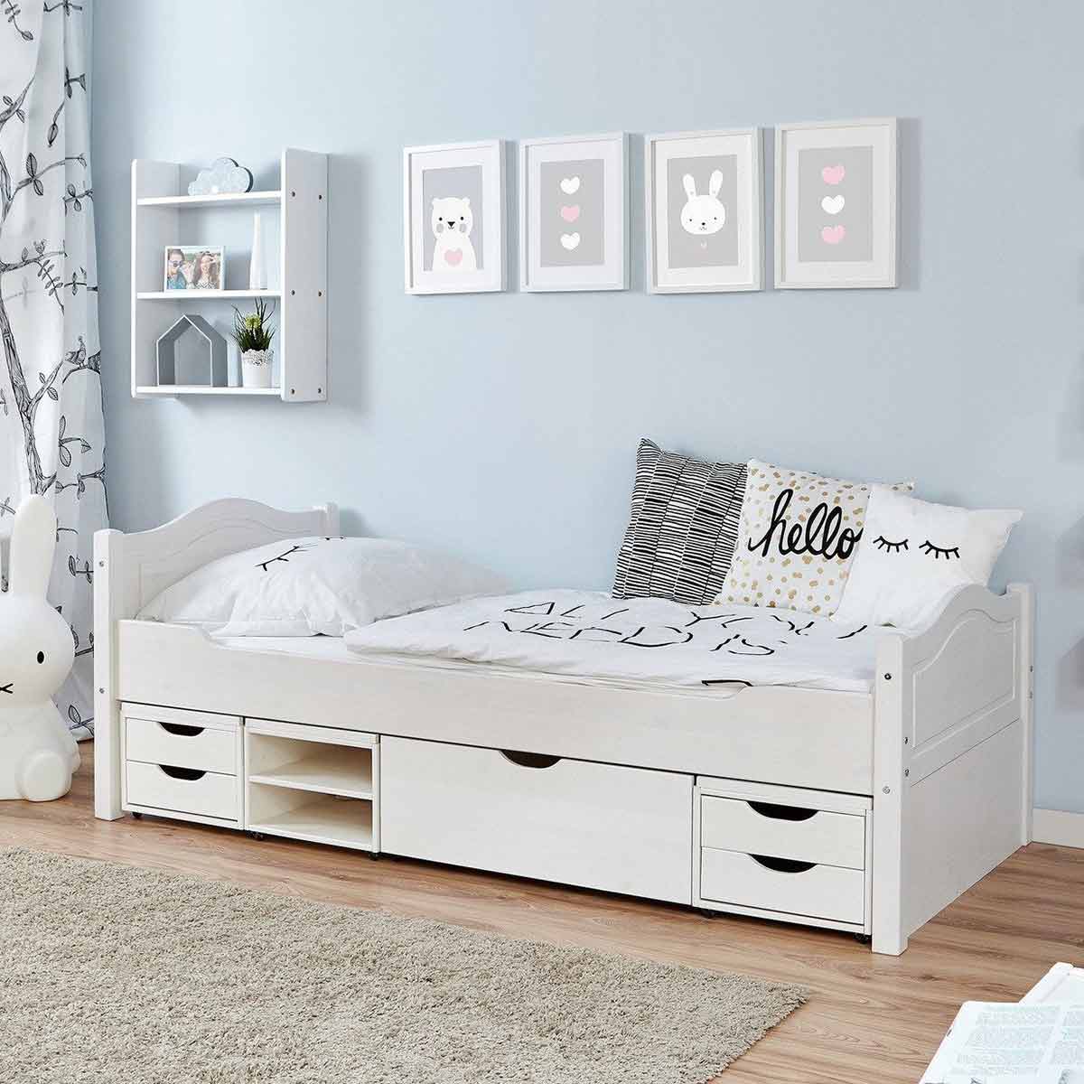 Ticaa Einzelbett Leni mit 4er Funktionsschubkasten weiß Massivholz - 90x200 cm