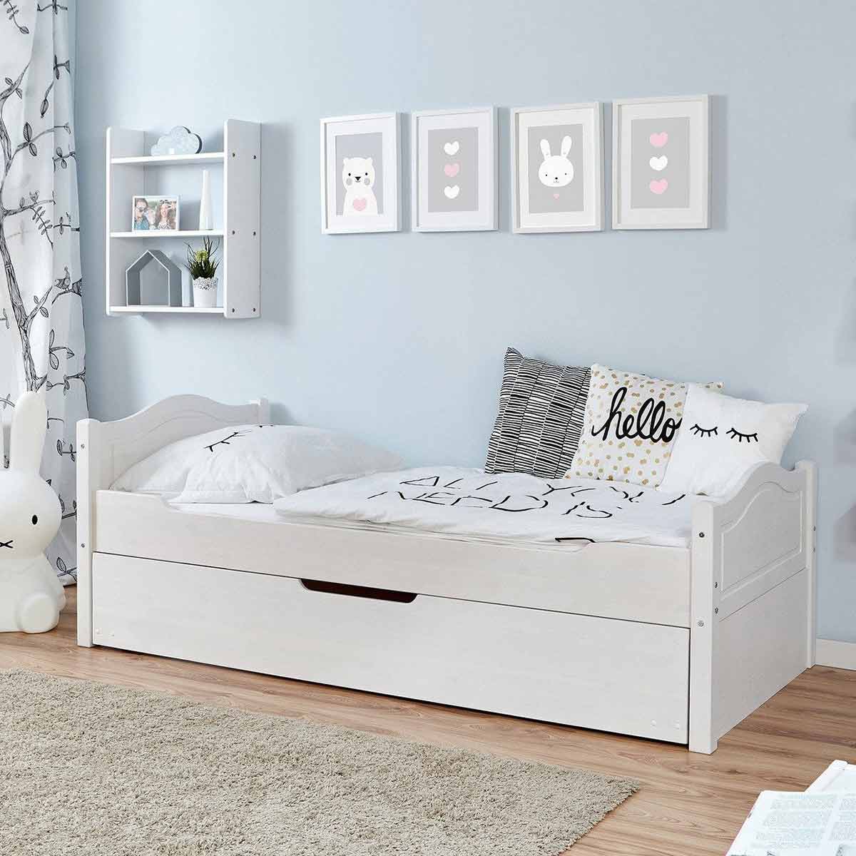 Ticaa Einzelbett Leni weiß mit Zusatzbett Massivholz - 100x200 cm