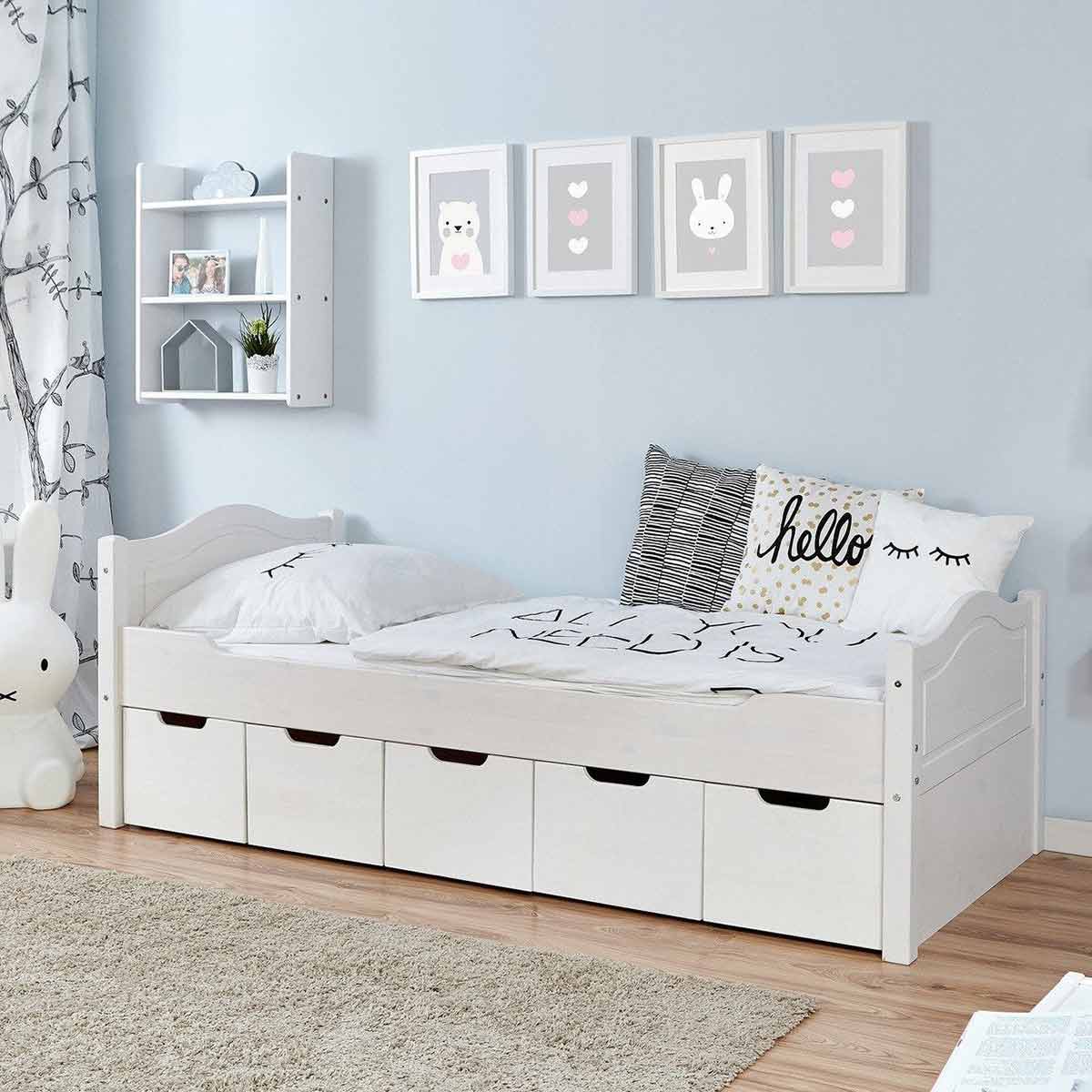 Ticaa Einzelbett Leni weiß mit 5er Schubkästen Massivholz - 100x200 cm