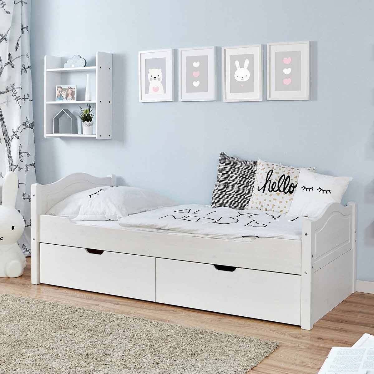 Ticaa Einzelbett Leni weiß mit 2er Schubkästen Massivholz - 100x200 cm
