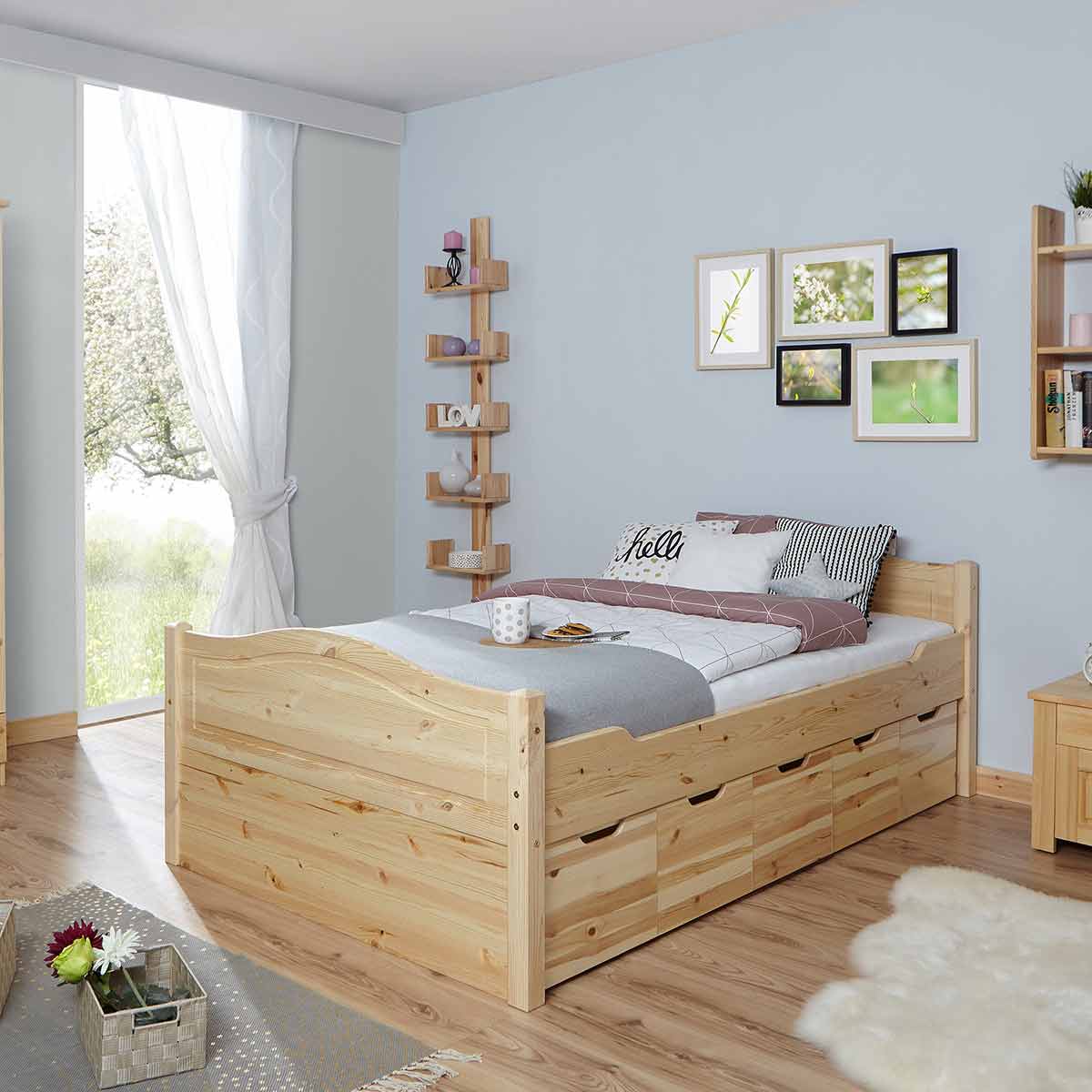 Ticaa Einzelbett Leni mit 5er Schubkästen Massivholz - 120x200 cm