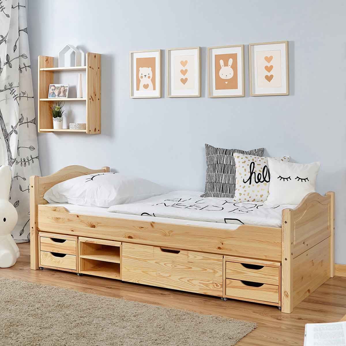 Ticaa Einzelbett Leni mit 4er Funktionsschubkasten Massivholz - 120x200 cm