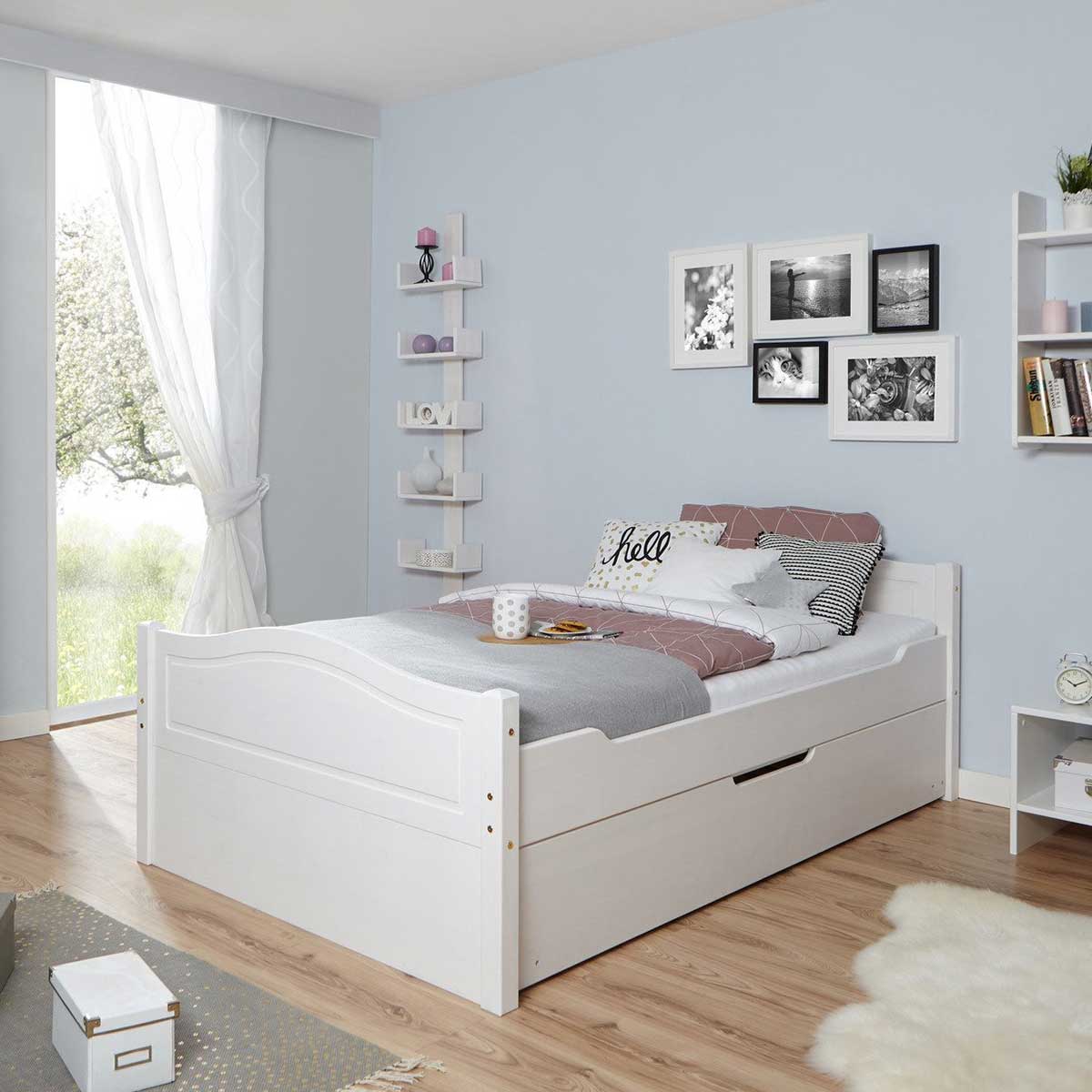 Ticaa Einzelbett Leni weiß mit Zusatzbett Massivholz - 120x200 cm
