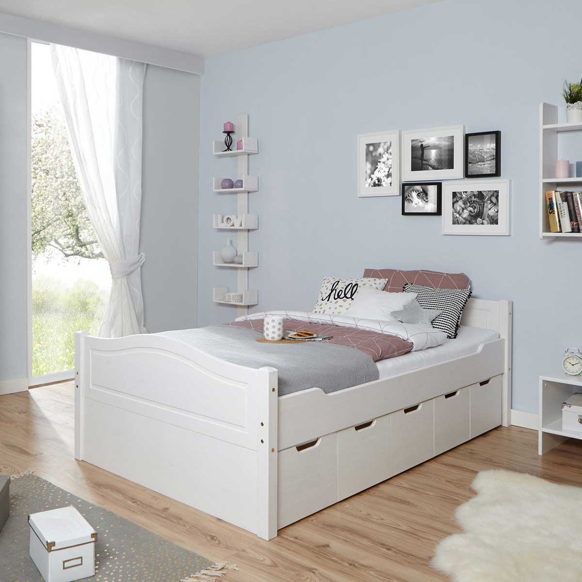 Ticaa Einzelbett Leni weiß mit 5er Schubkästen Massivholz - 120x200 cm