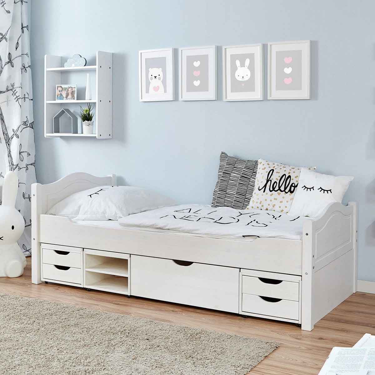 Ticaa Einzelbett Leni mit 4er Funktionsschubkasten weiß Massivholz - 120x200 cm