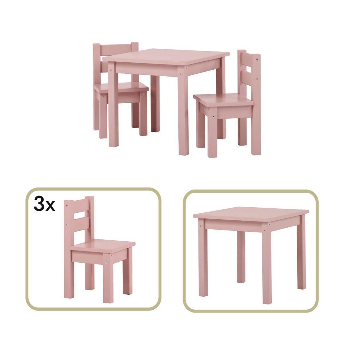 Kindersitzgruppe MADS mit 3 Stühlen und 1 Tisch - Pale Rose
