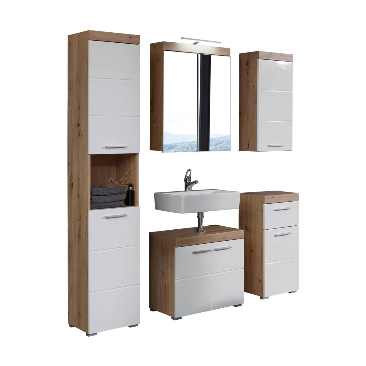 trendteam Amanda Badmöbel 163x190x34 cm 5-teilig weiß / asteiche