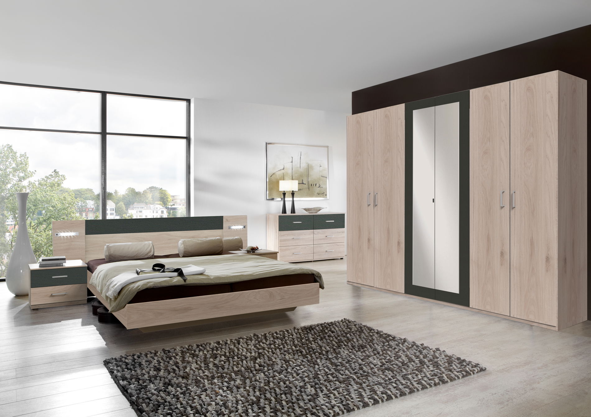 Wimex Angie Schlafzimmer-Set (4-teilig) mit Spiegelschrank Hickory Oak / Graphit