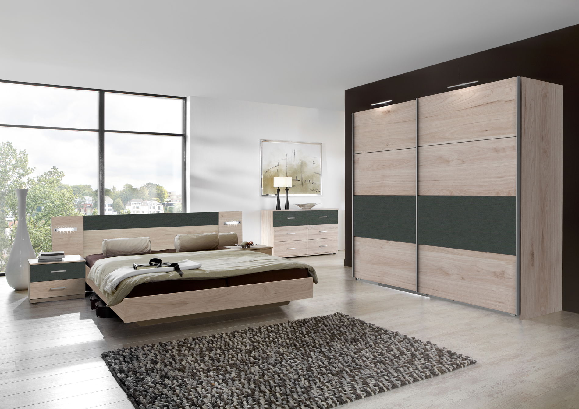 Wimex Angie Schlafzimmer-Set (4-teilig) mit Schwebetürenschrank Hickory Oak / Graphit
