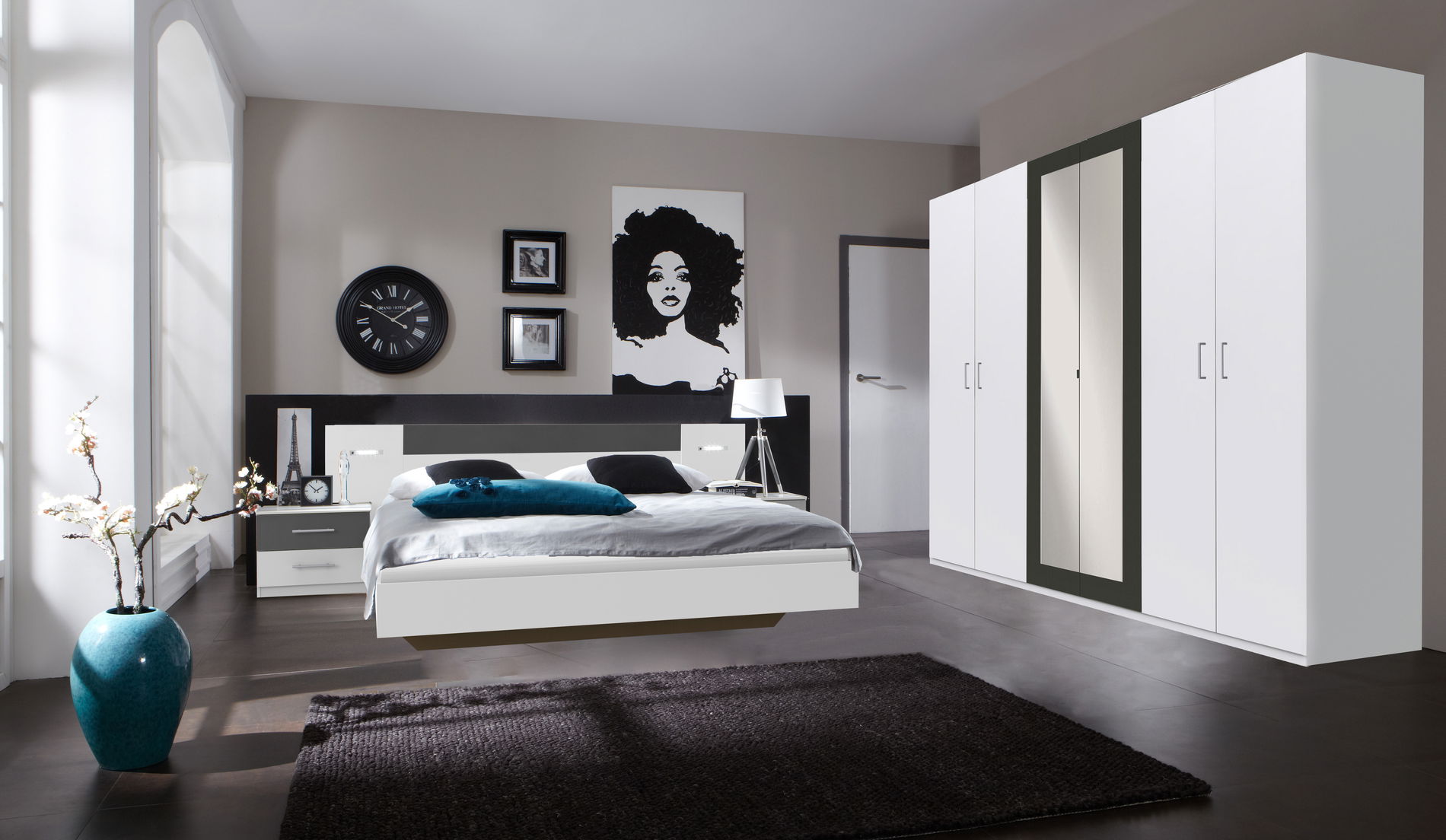 Wimex Angie Schlafzimmer-Set (4-teilig) mit Spiegelschrank Weiss / Graphit