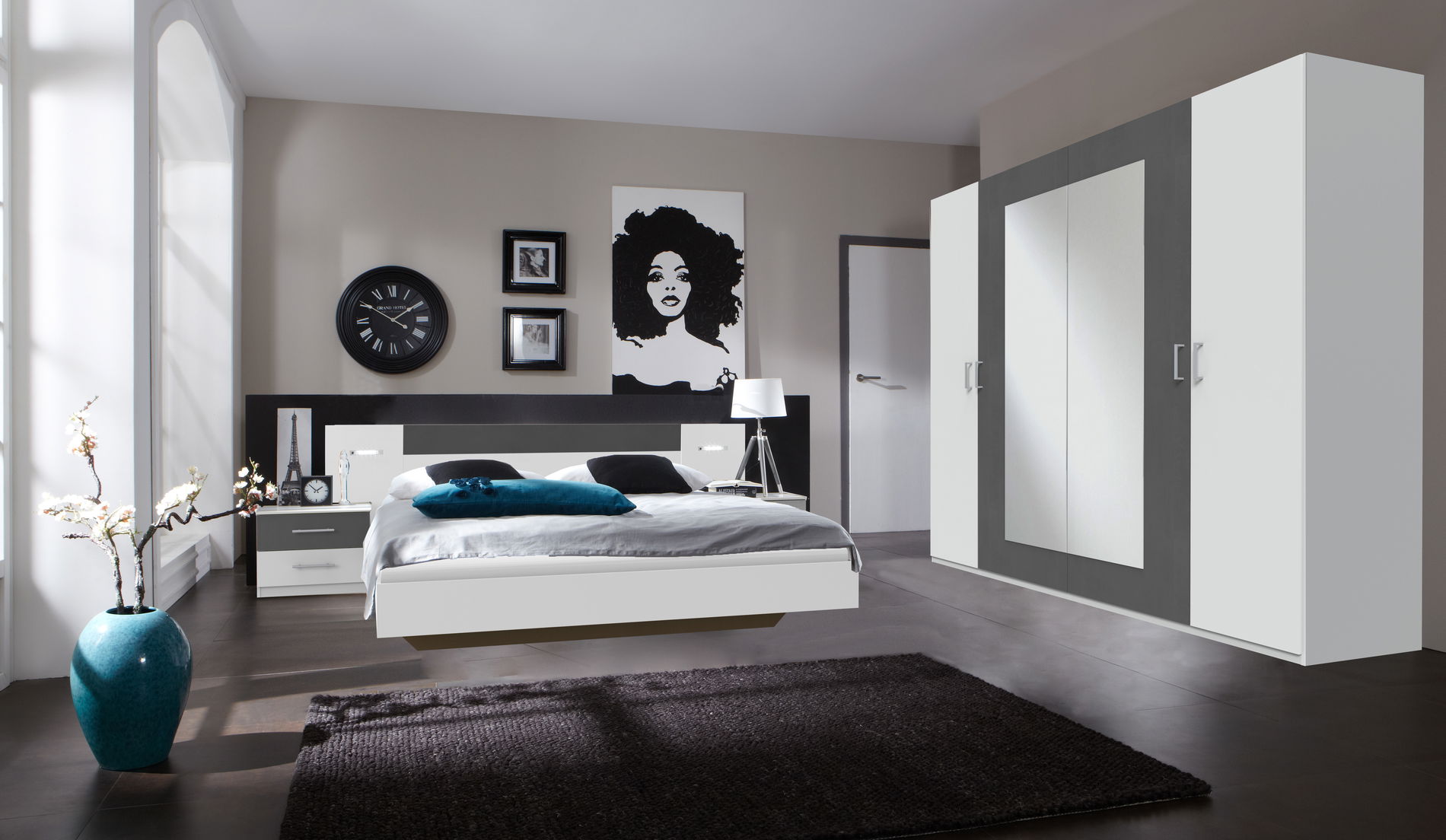Wimex Angie Schlafzimmer-Set (4-teilig) mit Kleiderschrank Weiss / Graphit