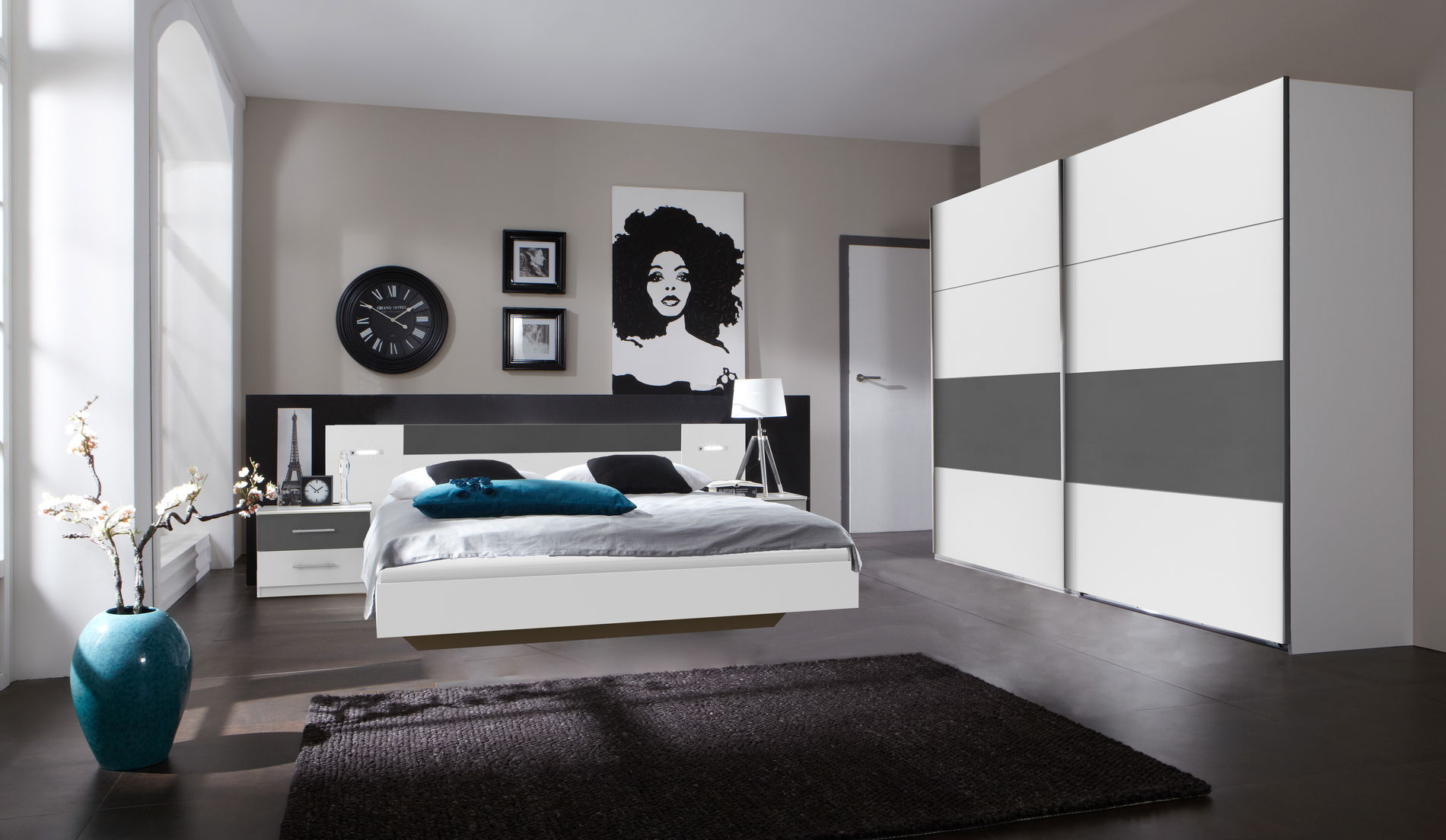 Wimex Angie Schlafzimmer-Set (4-teilig) mit Schwebetürenschrank Weiss / Graphit