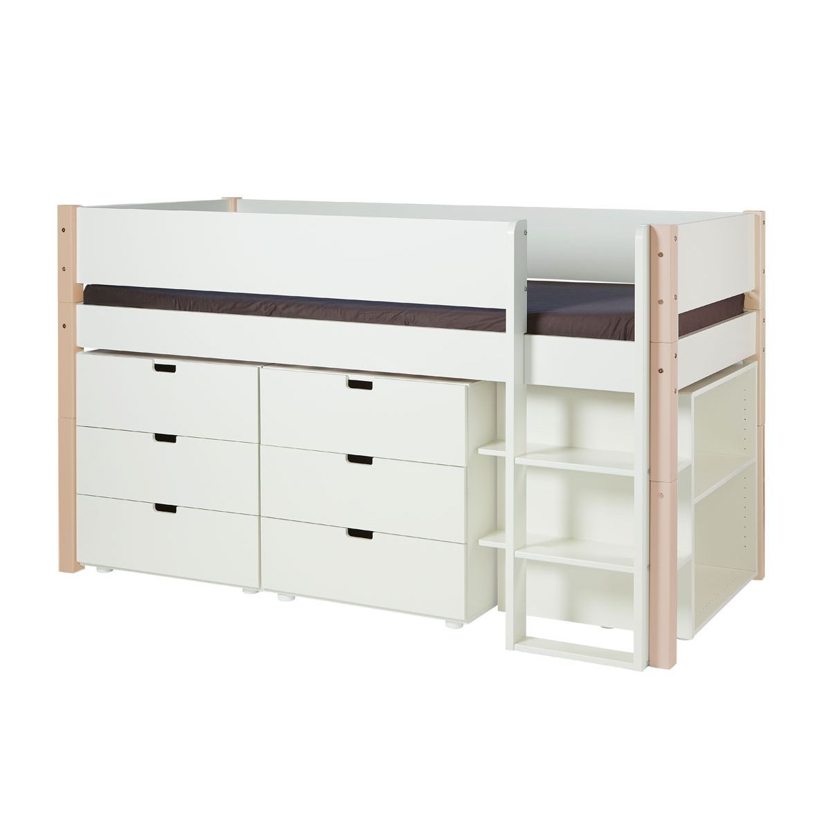 Manis-h Halbhohes Bett ARN 90x200 cm Pfosten Buche inkl. Kommoden & Regal - 22 Farben wählbar ( Farbe Bett: Snow White / -11, mit Absturzsicherung NORMAL 10400-Farbe, Snow White / -11, Snow White / -11)