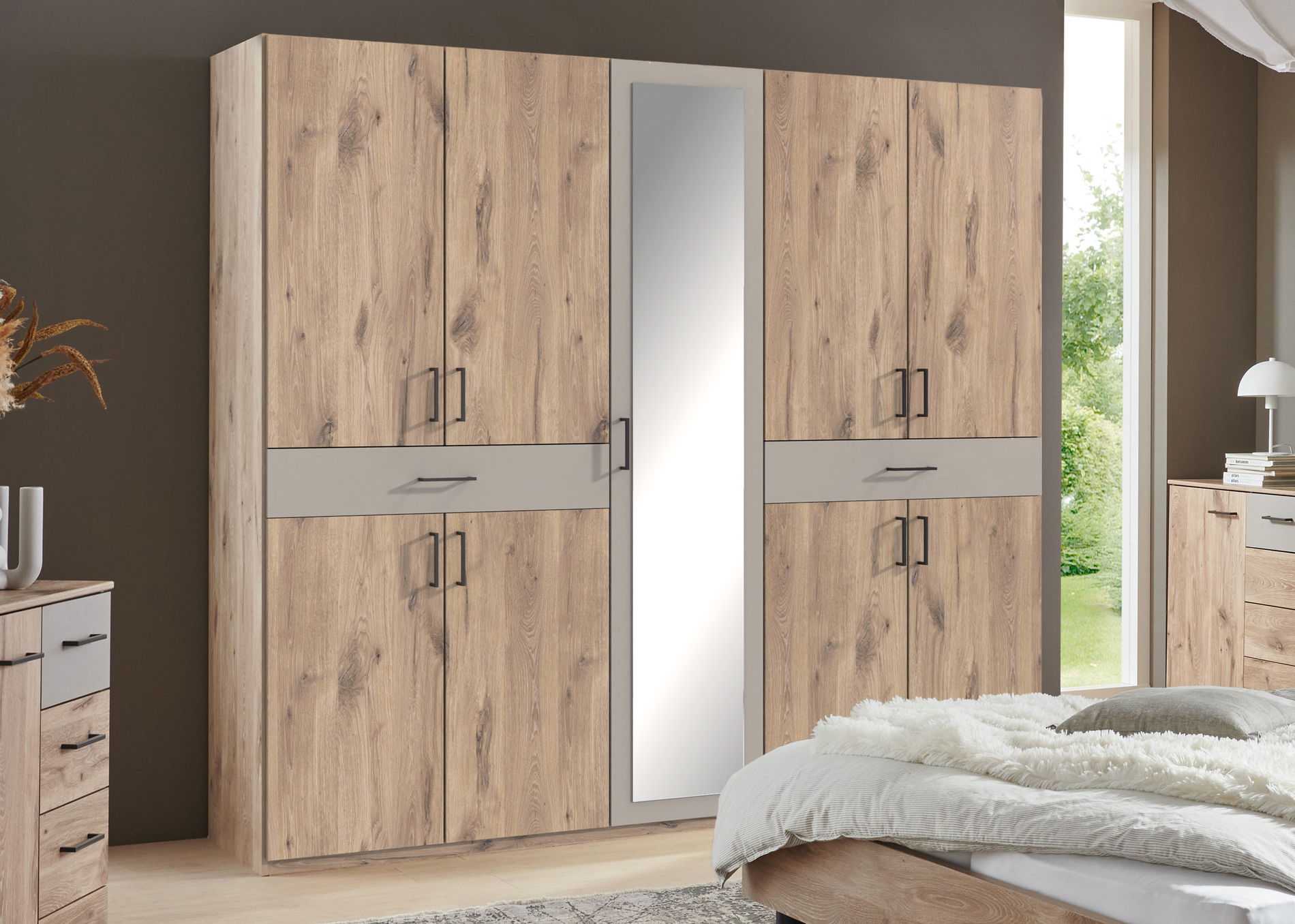 Wimex Belgrad Schwebetürenschrank 225 cm 1 Spiegel Viking-oak-Nachbildung/Saharagrau