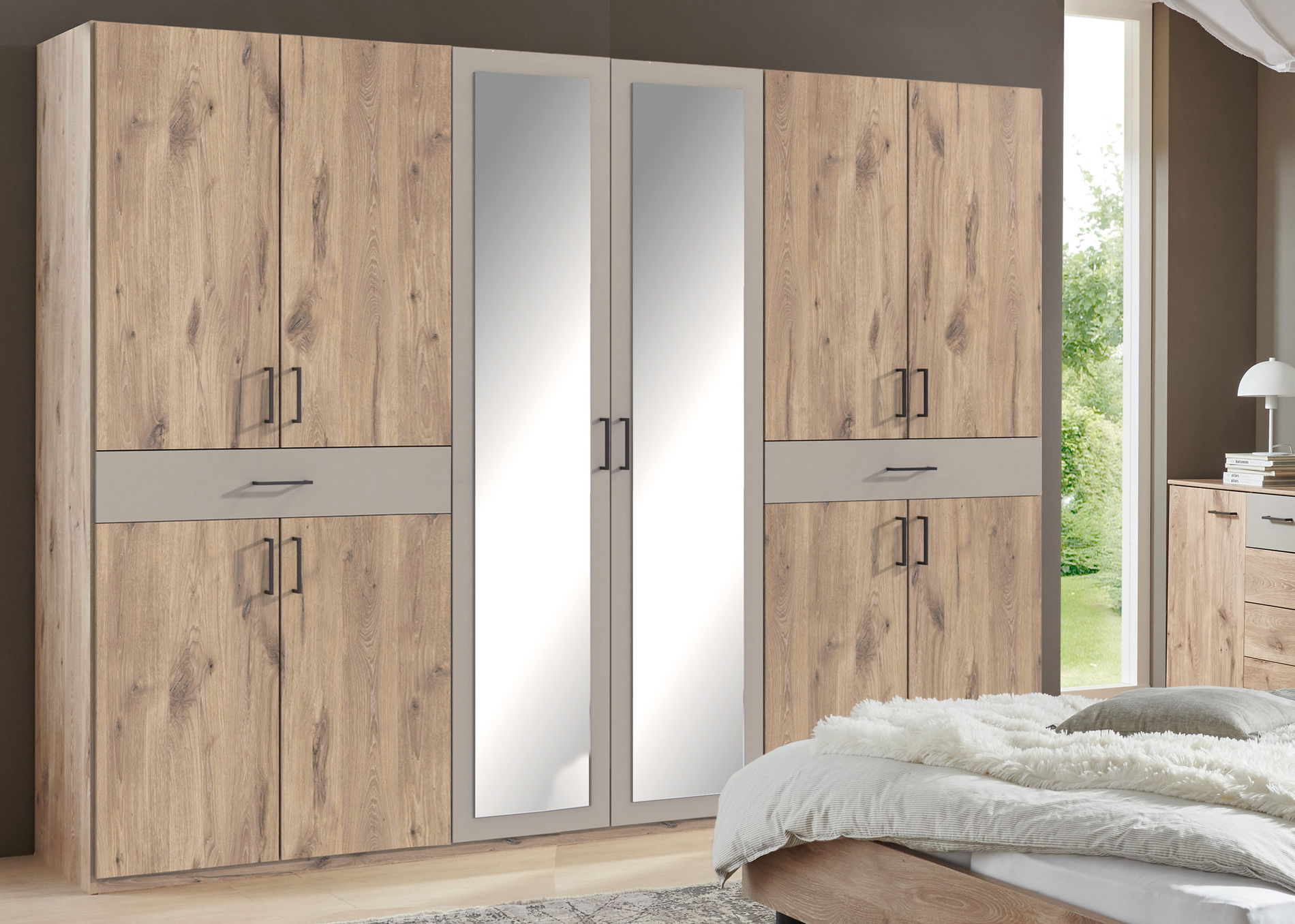 Wimex Belgrad Schwebetürenschrank 270 cm 2 Spiegel Viking-oak-Nachbildung/Saharagrau