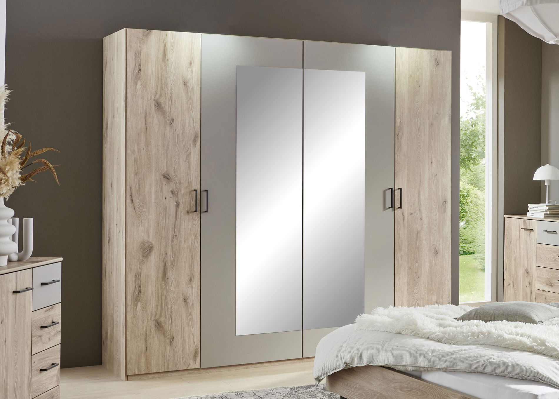 Wimex Belgrad Schwebetürenschrank 225 cm 2 Spiegel Viking-oak-Nachbildung/Saharagrau