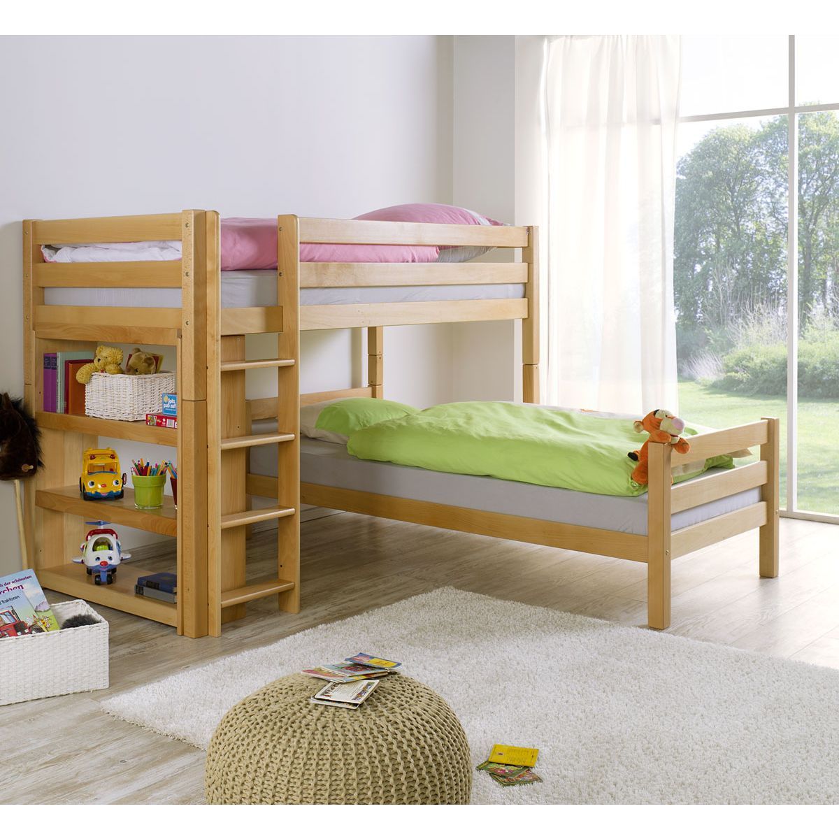 Relita BENI L Etagenbett Buche massiv Natur inklusive Regal - zu 2 Einzelbetten umbaubar