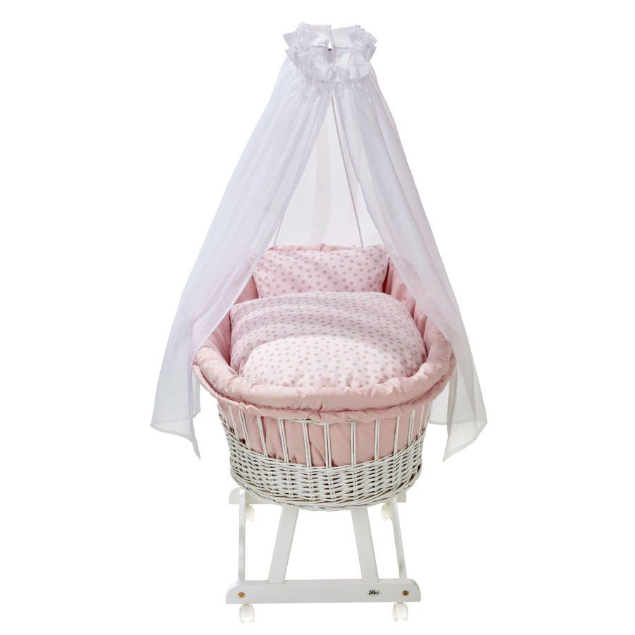 Alvi Birthe Stubenwagen weiß Komplettset BIO Matratze, Himmelstange & Garnitur Curly Dots