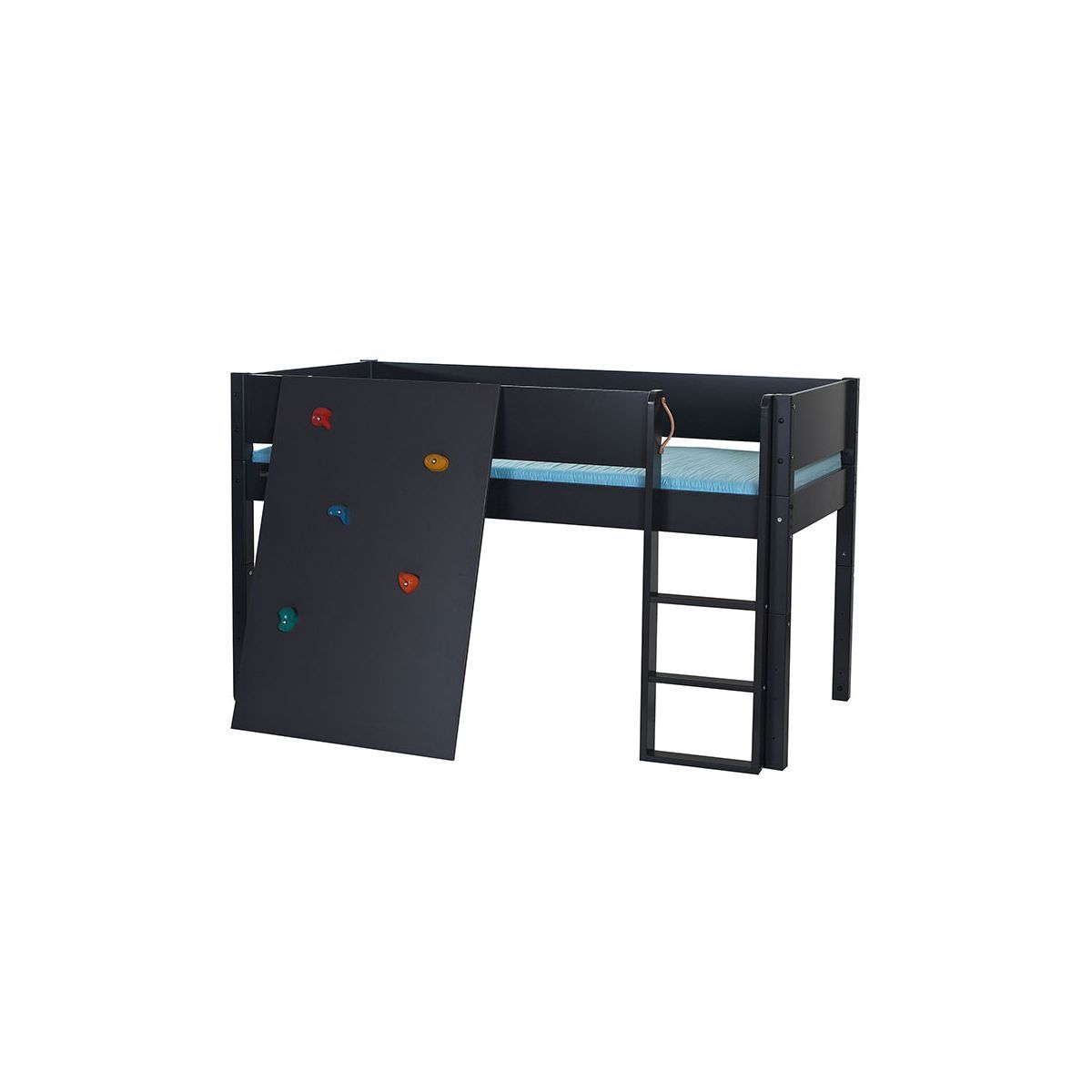 Manis-h Halbhohes Bett BORR 90x200 Pfosten Buche inkl. Kletterwand - 22 Farben wählbar ( Farbe Bett: Snow White / -11, mit Absturzsicherung NORMAL 10400-Farbe, Snow White / -11)