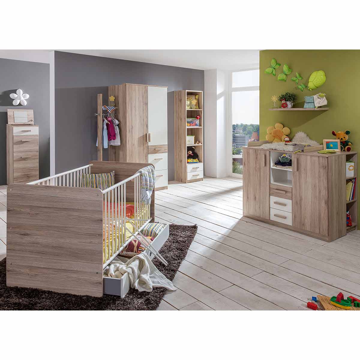 Wimex Cariba Babyzimmer 3-teilig San Remo-Eiche-Nachbildung / Weiß 2-türg. Schrank