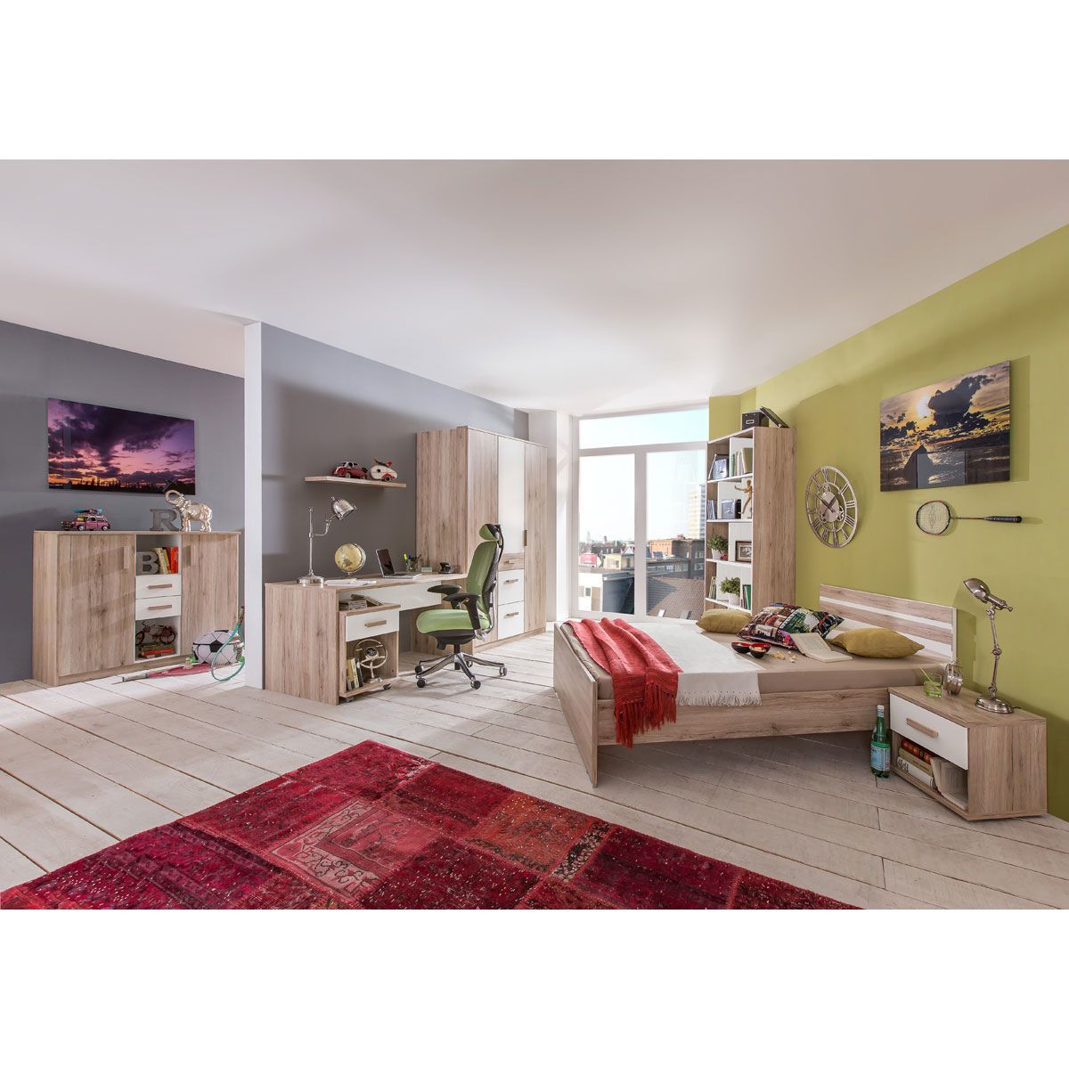 Wimex Cariba Jugendzimmer 3-teilig mit Spiegel San Remo-Eiche-Nachbildung / Weiß 3-türg. Schrank